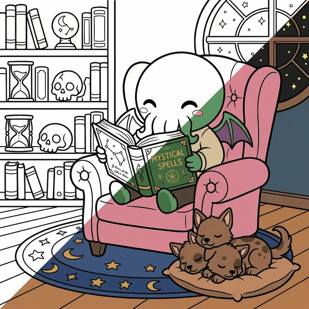 Cthulhu at home with his puppy
